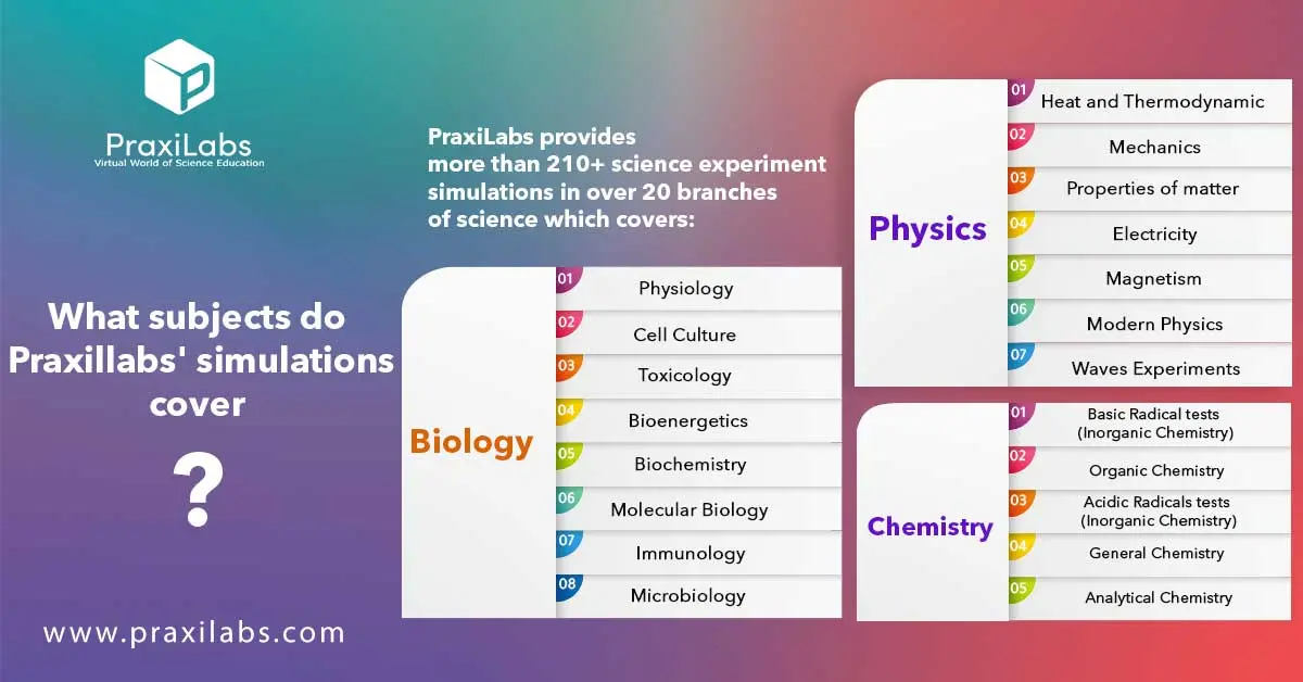 What subjects do Praxillabs' simulations cover?